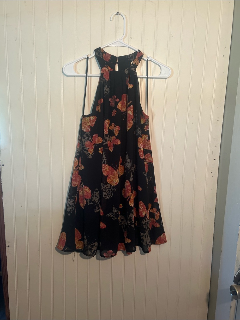 One Clothing Los Angeles Black and Orange Butterfly Print Mini Dress